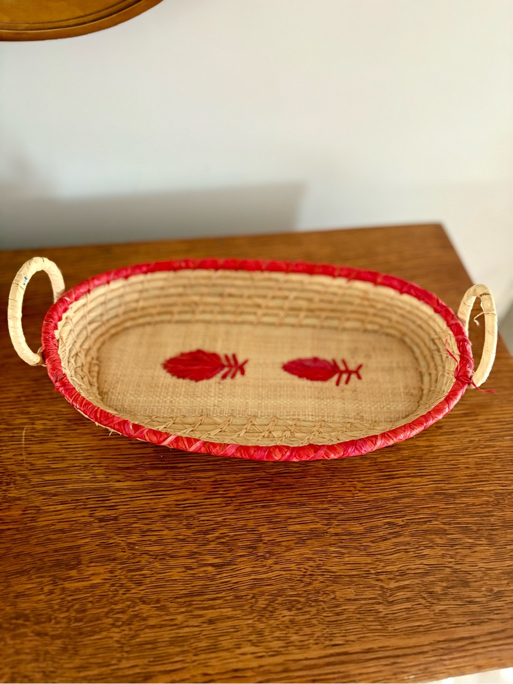 Handwoven Natural Straw Tray / Basket with Feather Red Accent - Home Accents